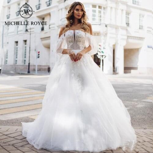 Michelle Royce A-Ling Wedding Dresses 2020 Sexy Scalloped Appliques Backless Romantic Chapel Train Bridal Gowns Vestido De Noiva