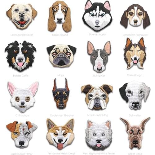 16pcs/lot labrador doberman mopshond dog embroidered patches for clothing iron on patch applique cute stickers for clothes