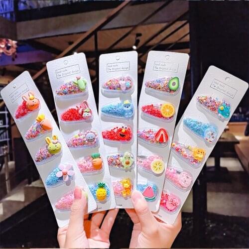 5pcs/Set New Cute Daisy Fruit Cactus Girls Hairpins Princess Hair Ornament Headwear Transparent Quicksand Hair Accessories