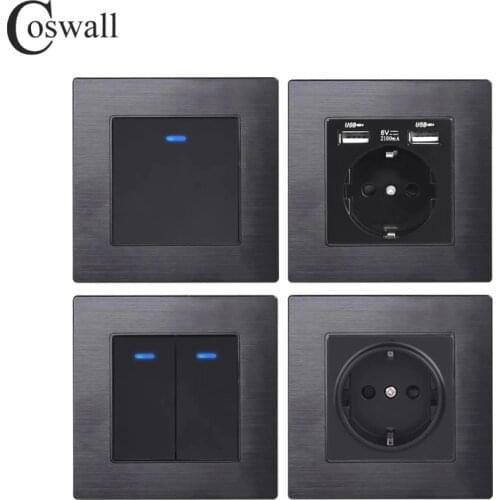 COSWALL 1/2/3/4 Gang 1/2 Way On / Off Rocker Key Wall Light Switch With Blue Backlight EU Socket Black Aluminum Metal Panel