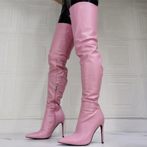 Dovereiss Fashion Womens Shoes Winter Pointed Toe Stilettos Heels Pure color pink Zipper Elegant Over the knee boots 36-47