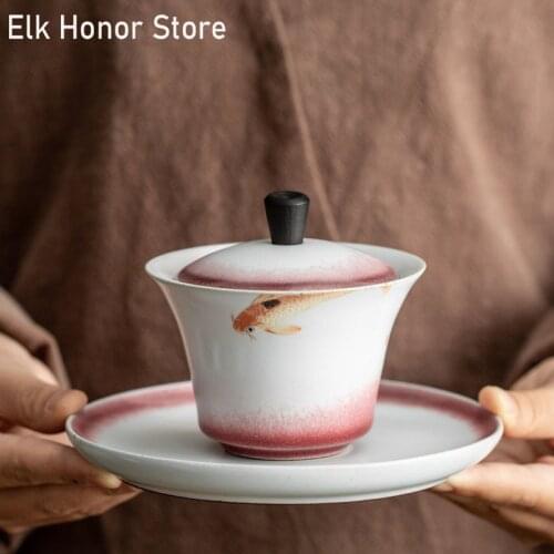 130ml Elegant Koi Fish Richer Tea Tureen Kiln Fambe Pot Bearing Sopera Tea Bowl With Saucer Lid Kit Master Cup Office Decoration