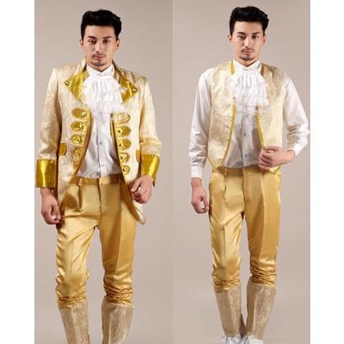 Europe chorus wedding suits for men blazer boys prom Royal Court suits mens fashion slim masculino latest coat pant designs gold