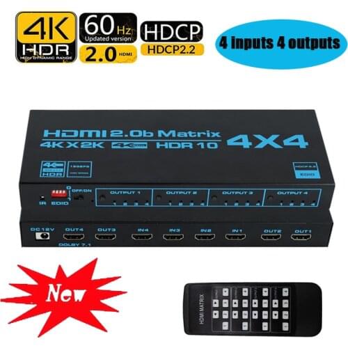HDMI Matrix Switch 4x4, 4K HDMI Matrix Switcher Splitter 4 In 4 Out Box with EDID Extractor and IR Remote Control