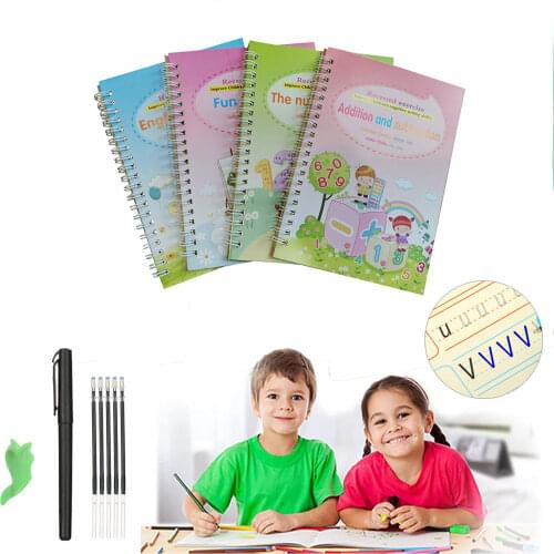 New Magic Writing 4 Books + Pen Reusable 3D Magic Exercise Book Children Reusable English Numbers Letters Montessori Toys