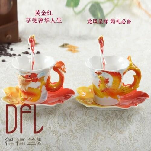 Chinese Style Coffee Cup Dragon and phoenix Ceramic Couple Mug set wedding ceremony items with the European Cup bone chinese cup
