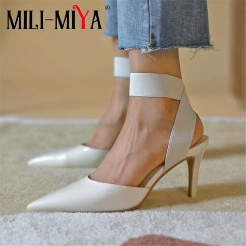 MILI-MIYA Fashion Pointed Toe Women Genuine Leather Mules Thin Heels White Color Elastic Band Size 34-40 Dress Party Shoes