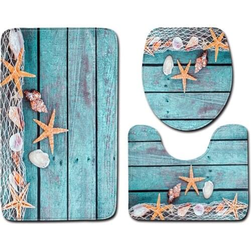 3 Piece Toilet Mats Set, Flannel Fabric Beach Starfish Shell Print Non-Slip Bathroom Carpet Rug, Pedestal Mat Toilet Seat Cover