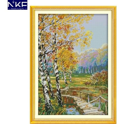 NKF The Birch Forests of Autumn Counted Cross Stitch DIY Stamped Cross Stitch Kits for Embroidery Needlework Home Decoration