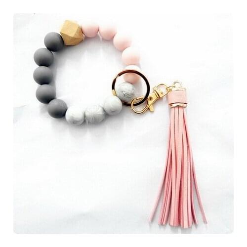 2021 Fashion New Bracelet Key Ring Silica Gel Bead String Leather Tassels Wood Bead Key Ring For Female