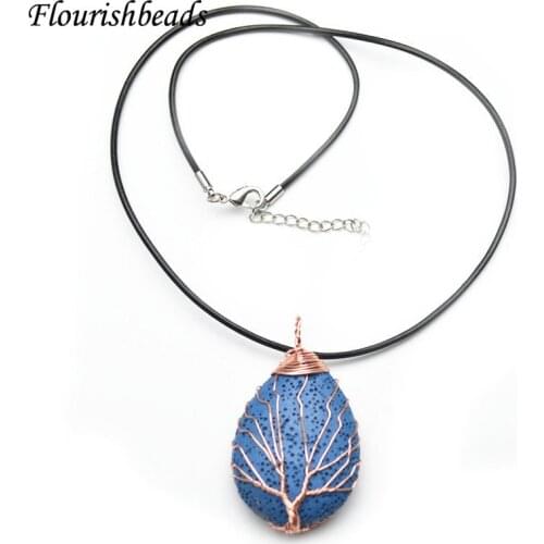 Water Drop Shape Rose Gold Color Life Tree Wrap Cabochon Pendant Necklace Dyed Pelelith Stone With Holes Fashion Gift