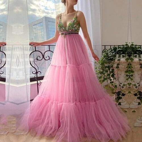 Eightale Green and Pink Prom Dresses 2020 Spaghetti Strap A-Line Appliques Flowers Tulle Evening Party Dress for Graduation