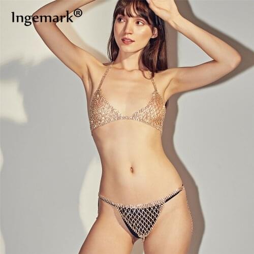 Ingemark Sexy Bikini Crystal Bra Briefs T-back Chain Shiny Rhinestone Harness Body Chain for Women Nightclub Party Body Jewelry