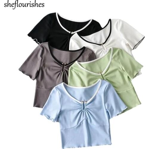 Casual t shirt women short sleeve top ruffle summer korean tshirt fashion o neck top patchwork knit white t shirt black green