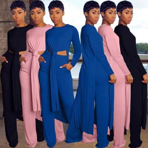 Casual Women Tracksuit Two Piece Set Bandage Shirt And Long Pants Loose Solid Color Streetwear Clothes For Women Outfit