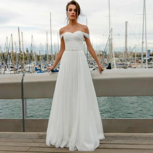 Simple A Line Beah Wedding Dress for Bride Off The Shoulder Sweetheart Ruched Pleats Beading Belt Tulle Marriage Bridal Gowns