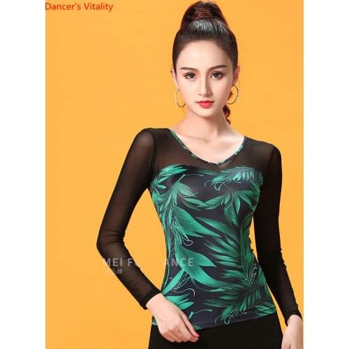 Ballroom Dance Tops Sexy Gauze Long Sleeve Dance Clothes Women Latin Salsa Rumba Chacha Dance Performance Practice Costumes