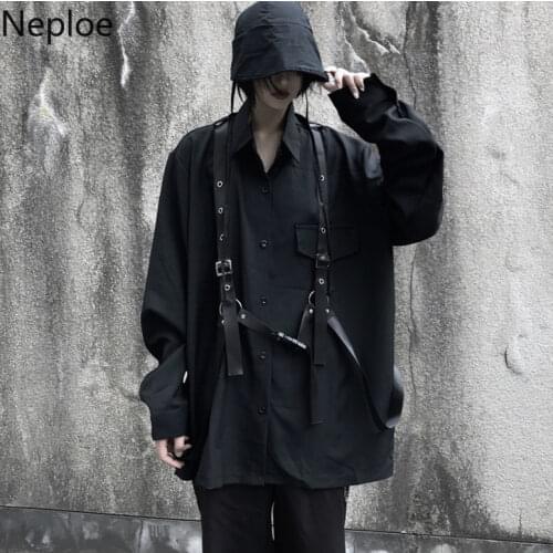Neploe Vintage Long Sleeve Black Blouse Harajuku Women Men Shirt 2020 Autumn Korean Bandage Blusas Medium-long Tops Coat 55503