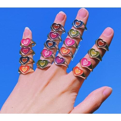 Y2K Heart Ring / Colorful Retro Enamel Statement Ring Set / Gold and Silvertone / Aesthetic Kawaii Soft Girl 90s 00s / KL40FIO