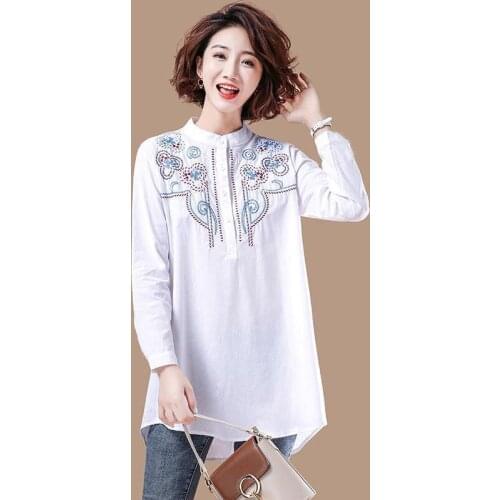 Cotton Embroidery Women White Shirts Vintage 2021 Loose Straight Oversized 4XL Casual All Match Female Outwear Coats Tops