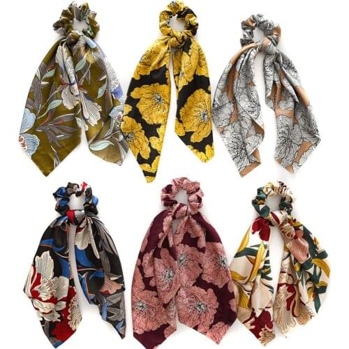 New Floral Print Women Hair Rope Bow Streamers Elastic Hairband Scrunchie Horsetail Tie Rubber Bands Girls Hair Accessories