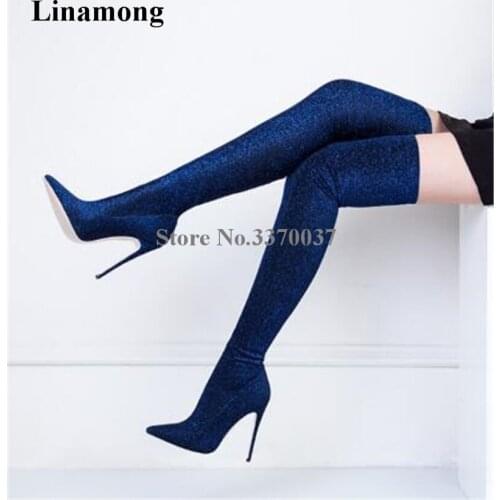 Women Sexy Bling Bling Pointed Toe Elastic Over Knee Thin Heel Boots Red Wine Blue Grey Bandage Long High Heel Boots Dress Shoes