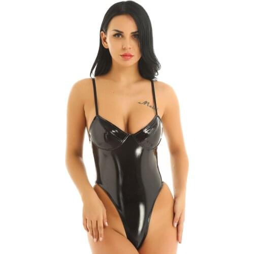 Womens Sexy Thong Leotard Bodysuit Wetlook Patent Leather Lingerie Sexy Costume Front Plunging High Cut Bodysuit Nightwear