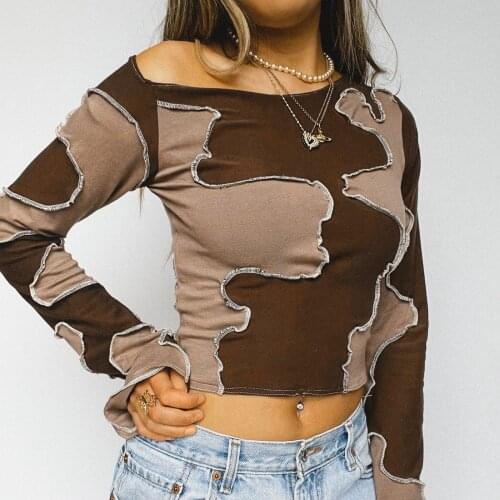 Women Patchwork Pullover Brown Long Sleeve Close-fitting Crop Tops, S/ M/ L/ XL