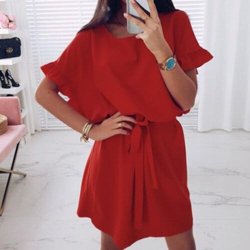 Summer Hot Sales Polyester Short Sleeves Women Dress Round Collar Big Yards Loose Pure Color Casual Dress