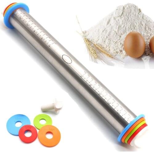 1pc Stainless Steel Rolling Pin 4 Adjustable Discs Non-Stick Removable Rings Dough Dumplings Noodles Pizza Baking Tools