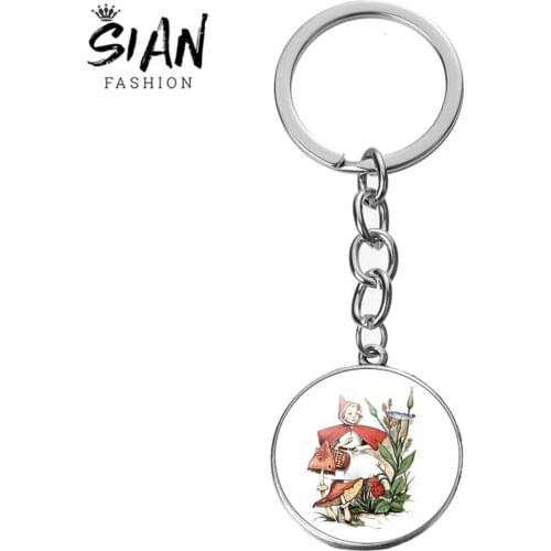 SIAN Charm Little Red Riding Hood Long Keychain Glass Dome Pendant Fairy Tale Photo Handmade Silver Plated Key Ring Childrens