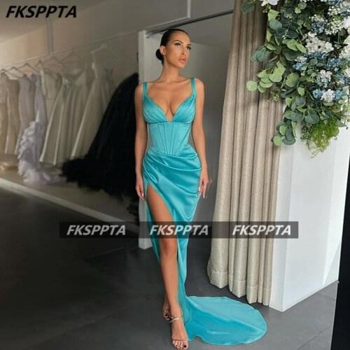 Turquoise Mermaid Sexy 2021 Prom Dresses Sweetheart Backless Pleats Silk Satin Long Party Gowns Plus Size Women Dress