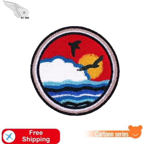 Seagull with Sunset Patches Iron on Embroidery DIY Badges Beauty Cartoon Appliques Twill Fabric Stickers Dress Shirts Accessory