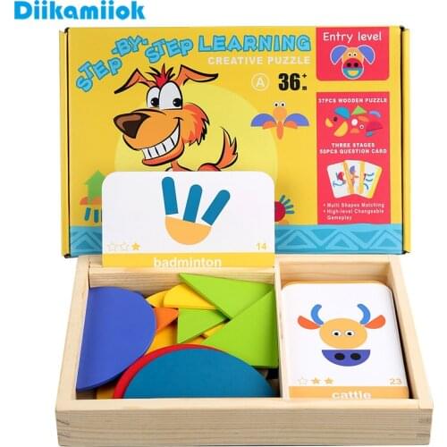 Kids Toy Fun Geometric Shape Tangram Puzzles Game Baby Cartoon Animal Wood 3D Jigsaw Puzzle Wooden Educational Toys for Children