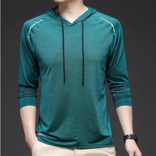 T-shirt Hooded Mens base shirt summer Tops Tees thin Mens long-sleeved T-shirt comfort Pullovers Mens casual T-shirt
