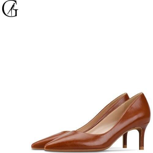 GOXEOU Womens Pumps PU Brown Pointed Toe Stiletto 6 cm Heels Sexy Fashion Party Office Ladies Dress Shoes Size 32-46