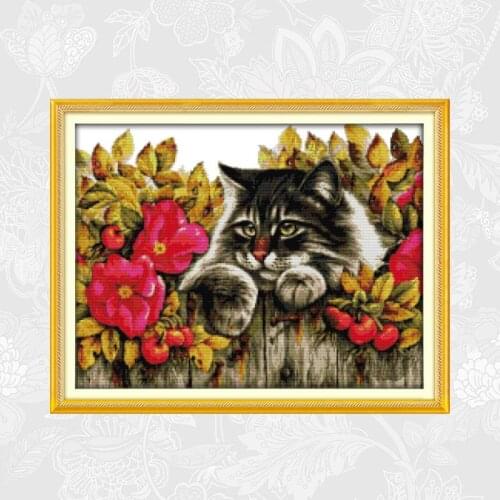 Joy sunday Cat in the flowers Printed Canvas 11CT 14CT Embroidery Needlework Cross stitch kits DIY Handmade Crafts Wholesale