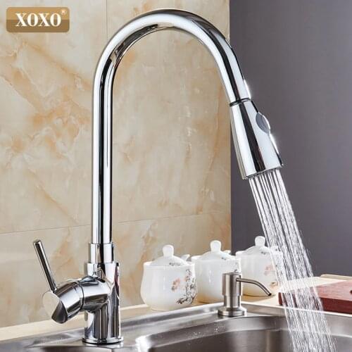 XOXO Kitchen Faucets chrome Single Handle Pull Out Kitchen Tap Single Hole Handle Swivel 360 Degree Water Mixer Tap Mixer Tap