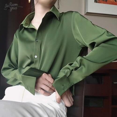 Korean womens blouse loose long-sleeved blouse avocado green shirt elegant shirt women silk retro clothes women 12610