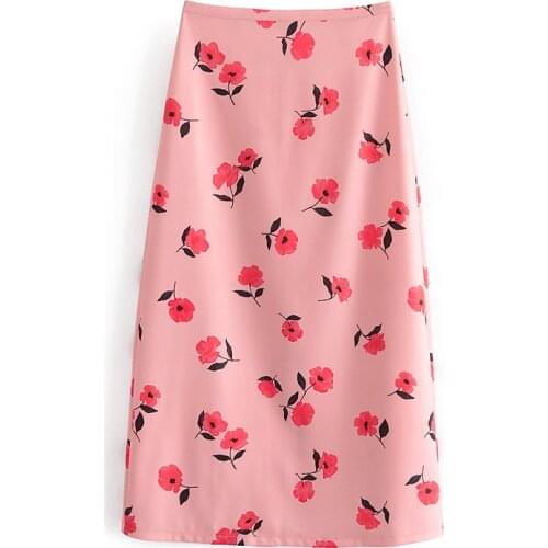 Summer Split Skirt Wrap Skirt Print with Zipper Spring Botton Clothes A-line Elegant Pink Red Flower Printed Autumn Elegant