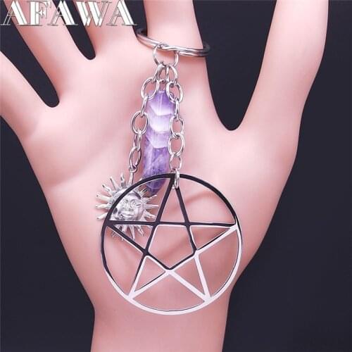 Witchcraft Pentagram Sun Stainless Steel Purple Crystal Key Chain for Women Jewelry acero inoxidable joyeria mujer N4237S02
