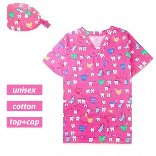 Nurse Scrub Top Teeth Printed Medical Uniform Blouse for Women Men Hospital Doctor Working Best Uniforms Scrubs Tops Unisex