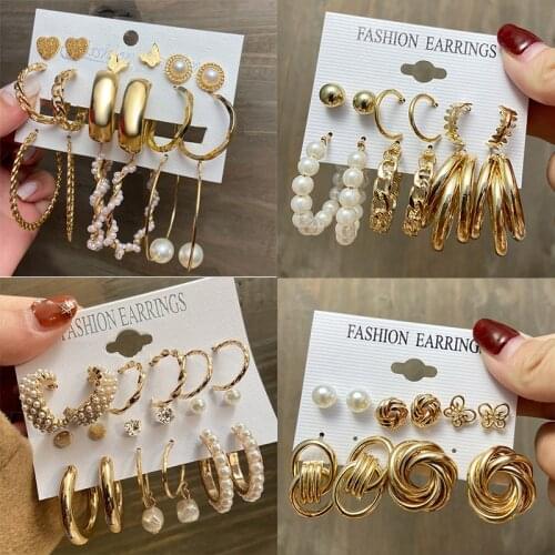 Fashion Big Pearl Drop Earrings Set For Women Trendy Gold Geometric Circle Chain Earrings 2021 NEW Set of Earrings Jewelry