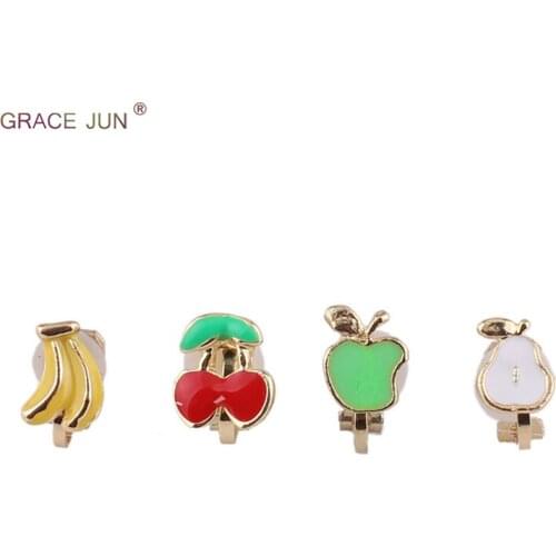 GRACE JUN 4pcs/lots Fashion Apple Pear Banana Apple Lollipon Flower Bowknot Rabbit Rhinestone Enamel Clip on Earrings No Pireced