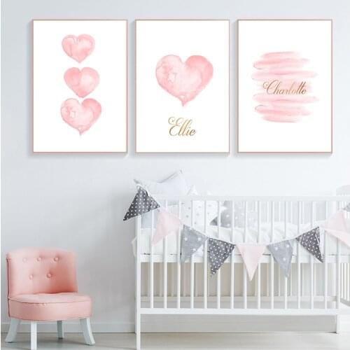 Watercolor Pink Heart Wall Art Canvas Print Personalized Name Custom Nursery Painting Picture Kids Bedroom Decoration