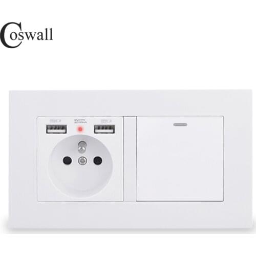 COSWALL French Standard Wall Socket With 2 USB Charge Port + 1 Gang 1 Way On / Off Rocker Light Switch PC Panel Black White Grey