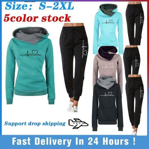 New Women Tracksuit Pullovers Hoodies and Black Pants Autumn Winter Suit Female printing Casual Full Length Trousers Outfits