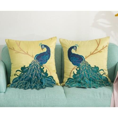 Satins Throw Pillow Cover Chinese Style Handmade Sequin Applique 3D Embroidered Blue Peacock Pillowcase Sofa Decor Cushion Cover