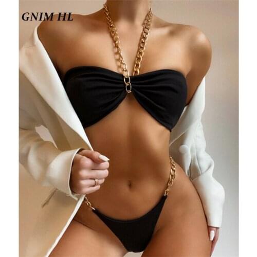 GNIM Sexy Chain Bikini Set 2021 Summer Bandeau Swimwear Women 2 Pieces Beachwear Brazilian Swimsuit Halter Bather Suit Biquini