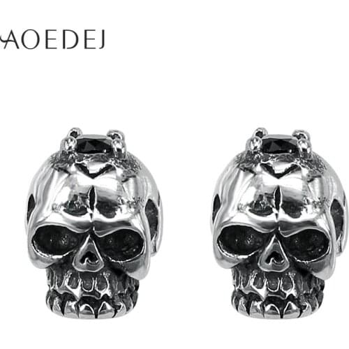 AOEDEJ Skull Earrings Crystal Stainless Steel Skeleton Men Earrings Black Studs Rhinestone Ear Studs Punk Biker Orecchini Uomo